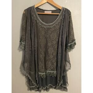 Pretty Angel Tunic Dress Womens Medium Gray Floral Lace Swing Boho Fairy READ